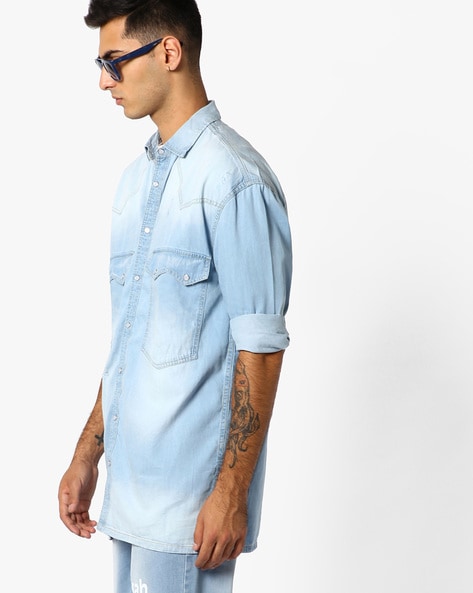 Men's Dark Blue Longline Slim Fit Denim Shirt - JMOJO