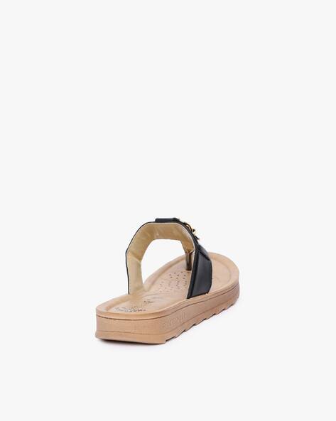 Women T-strap Sandals with Metallic Buckle Accent