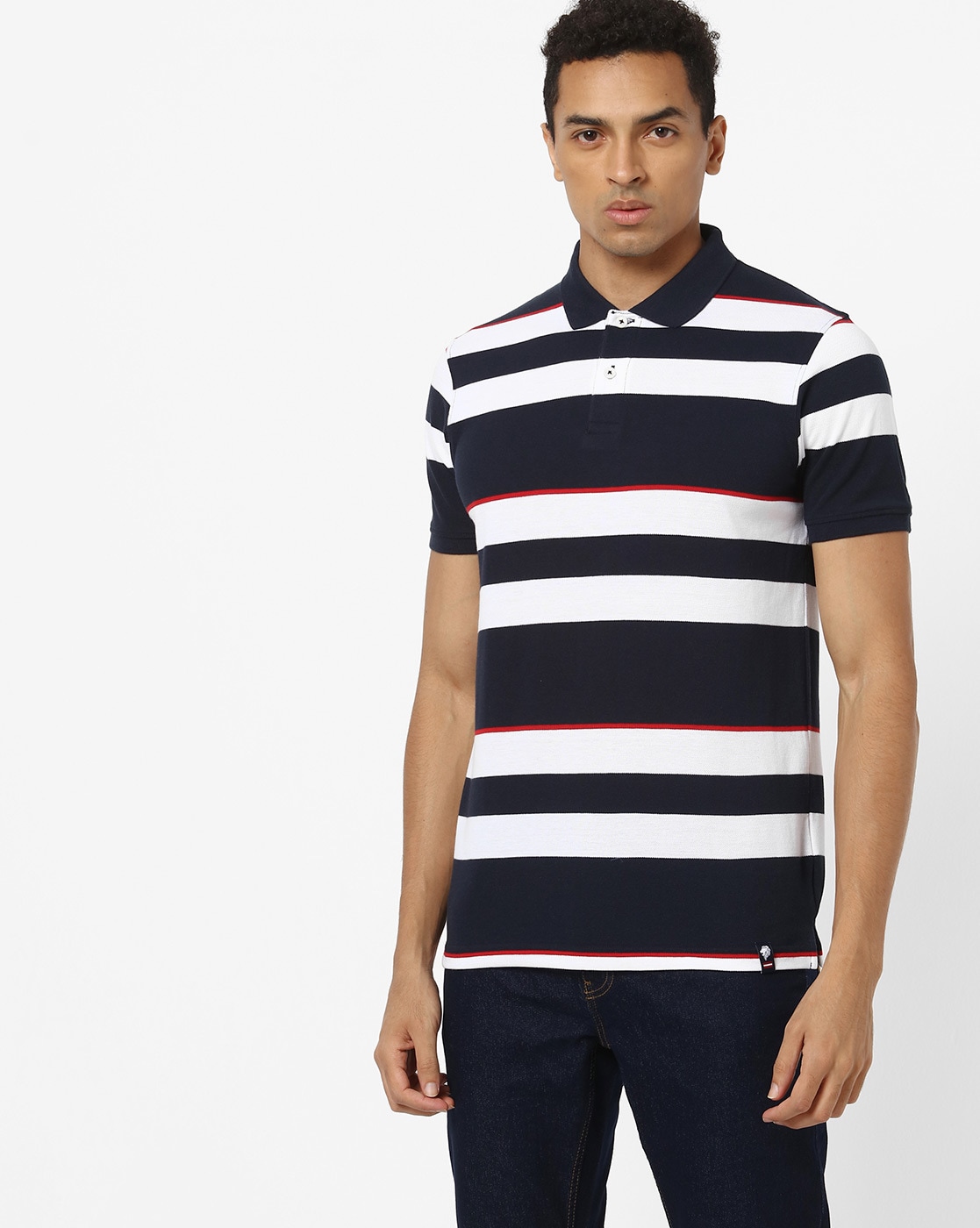 blue and white striped polo t shirt