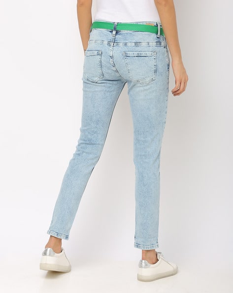 Washed Distressed Skinny Jeans with Belt (Image - 1)