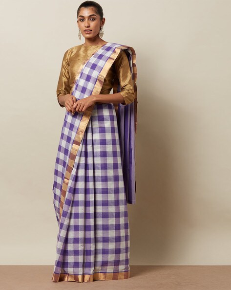 Zari Border With Small Multicolor Checks Kanchipuram Silk Saree – Sundari  Silks