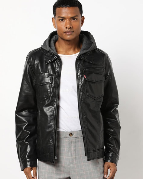 mens leather jacket with hoodie insert