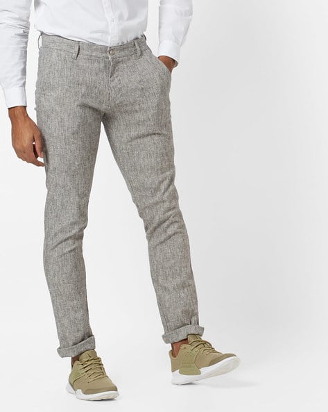 Textured Slim Fit Flat-Front Trousers By British Club ( Grey )