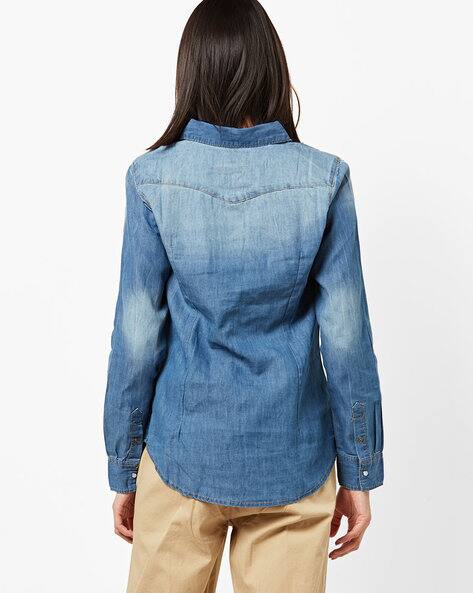 Women's Dry Denim Shirt Faded Denim Shirt With Flap-Button