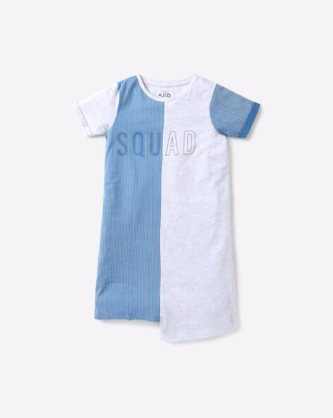 blue and white striped shift dress