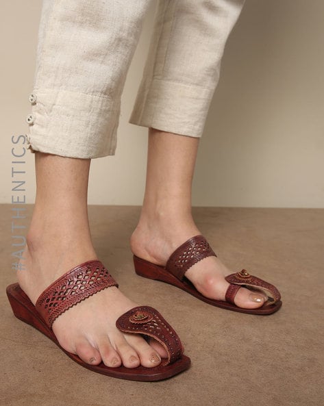 Get Braided & Tassel Detail Solid Tan Kolhapuri Heels at ₹ 1870 | LBB Shop