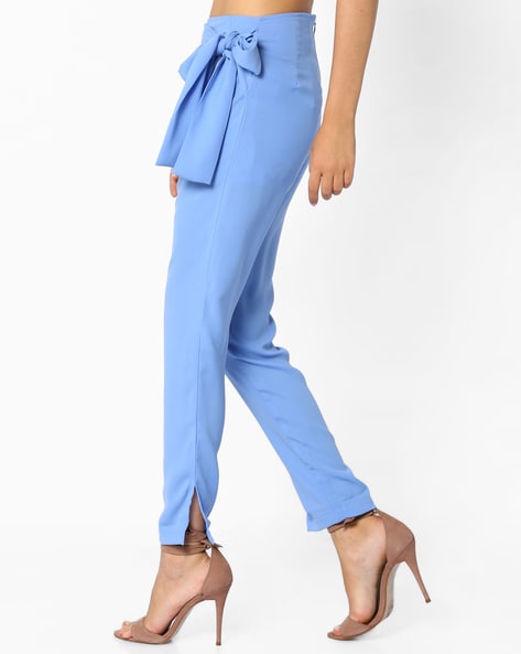 Buy AND Light Blue Self Design Straight Fit Cotton Womens Casual Trousers   Shoppers Stop