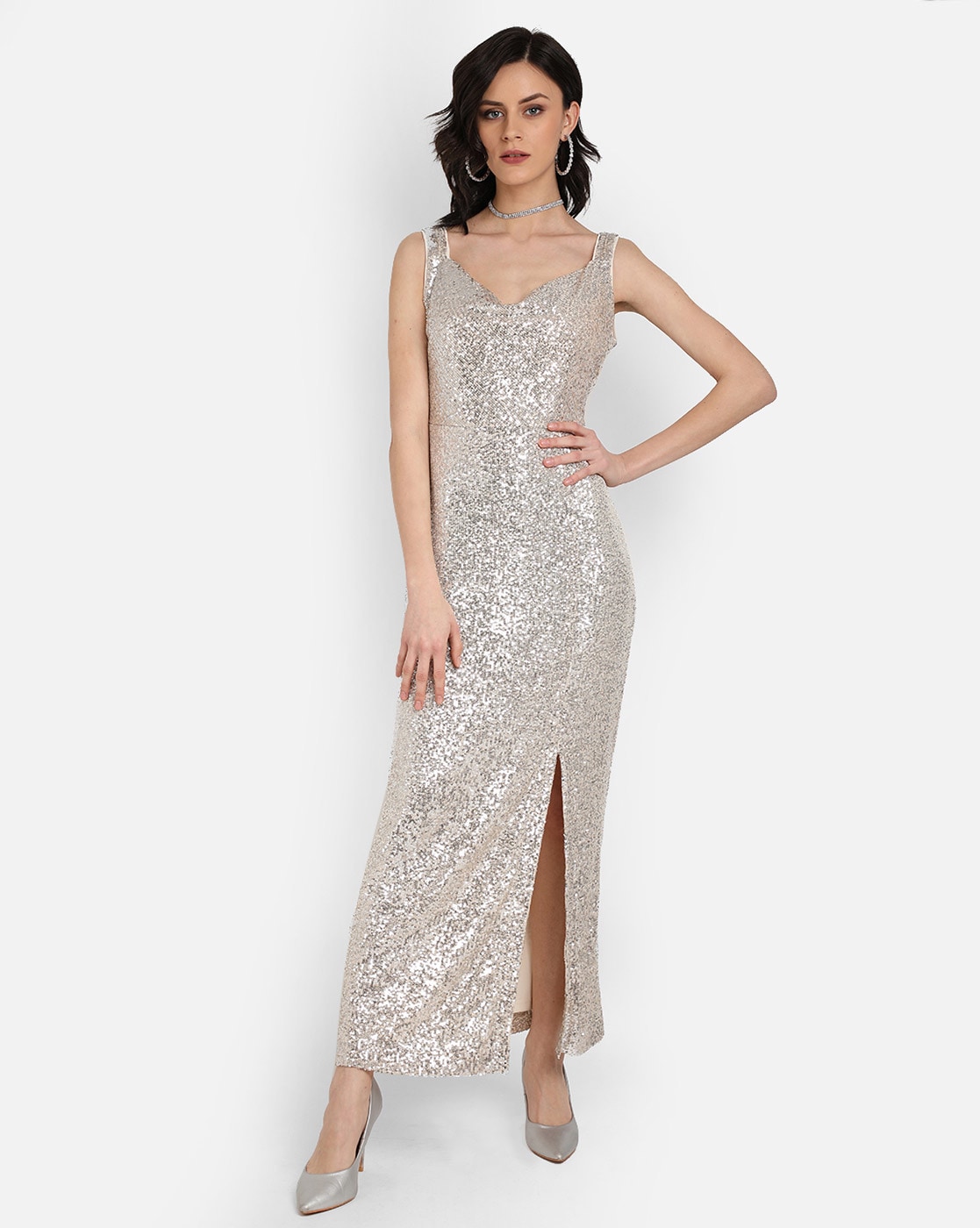 Silver sparkle gown with tassels – Ricco India