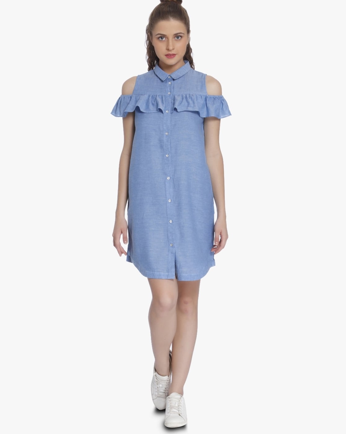 blue off the shoulder ruffle dress