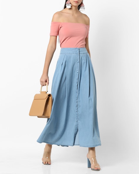 SHEIN LUNE Button Front A-line Denim Skirt | SHEIN