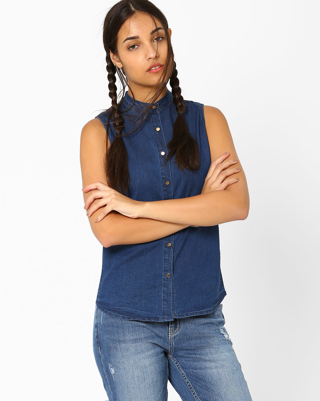 Buy Vero Moda Blue Sleeveless Cotton Denim Shirt for Women's Online @ Tata  CLiQ