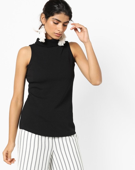 black sleeveless roll neck top