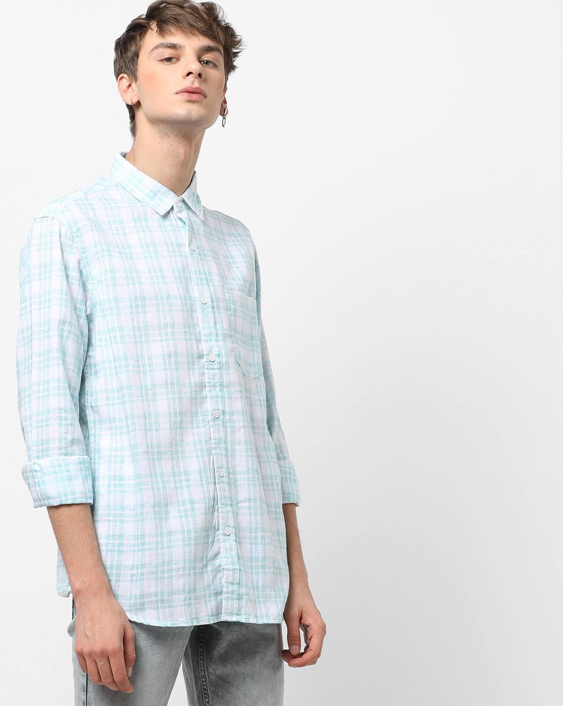 checked slim fit shirt with patch pocket