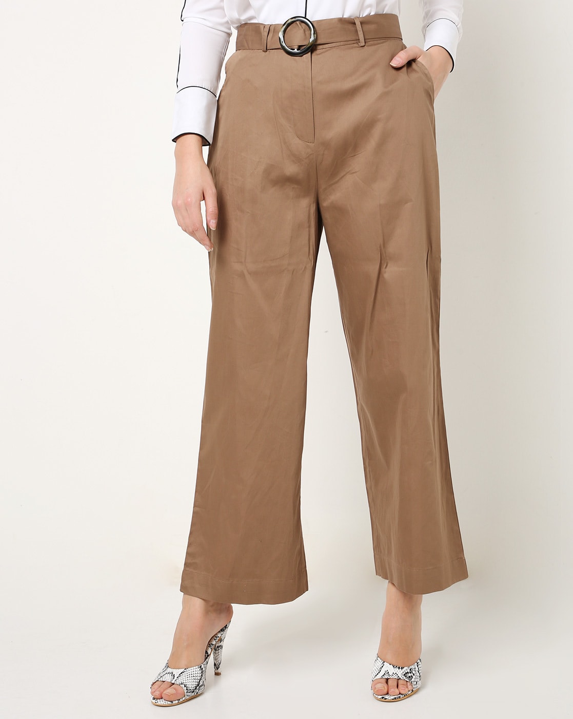 Buy GO COLORS Women Solid Beige Mid Rise Tapered Fit Polyester Formal  Trousers at Amazonin