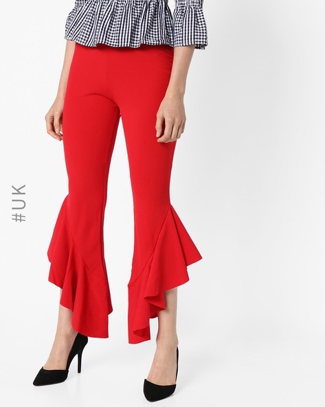 Liquorish Floral Print Tailored Red Trousers - Sale from Yumi UK