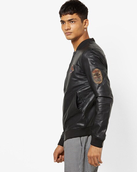 Buy JUSTANNED Ribbed Leather Jacket Black at