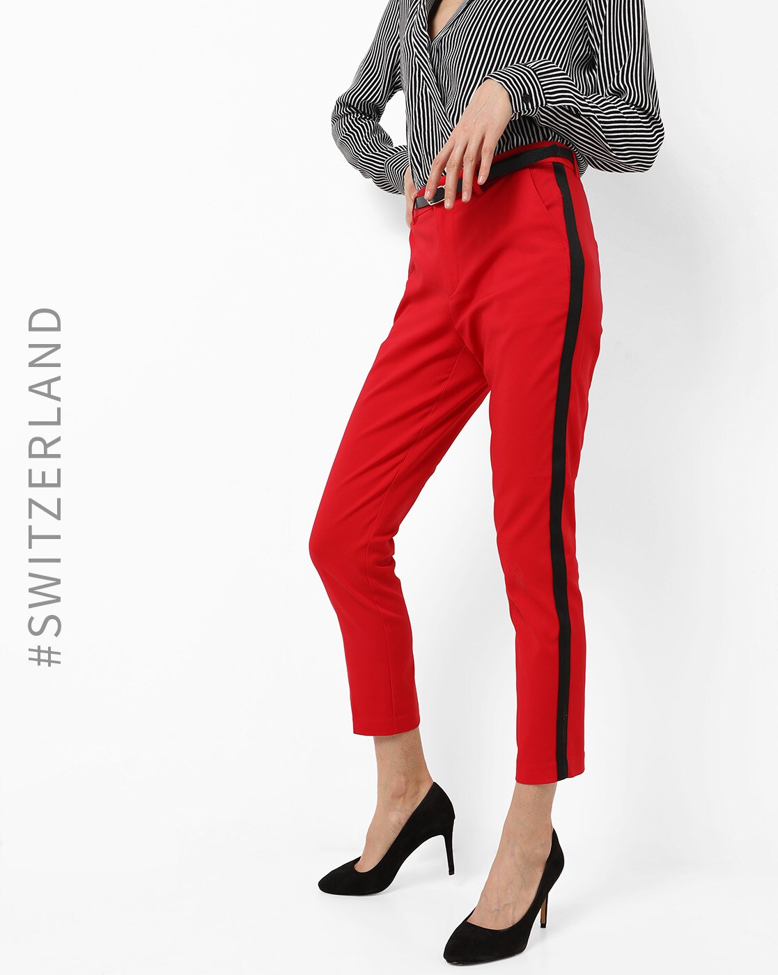 red trousers with side stripe