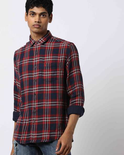 navy blue and red check shirt