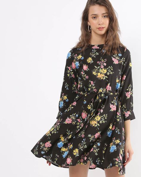 Floral Print Skater Dress with Waist Belt