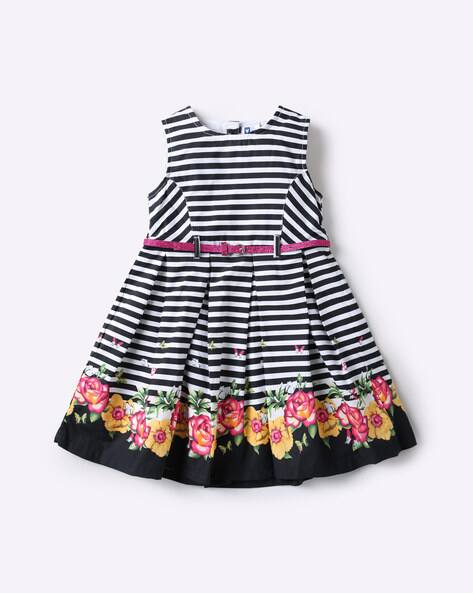 Striped Fit & Flare Dress with Contrast Belt