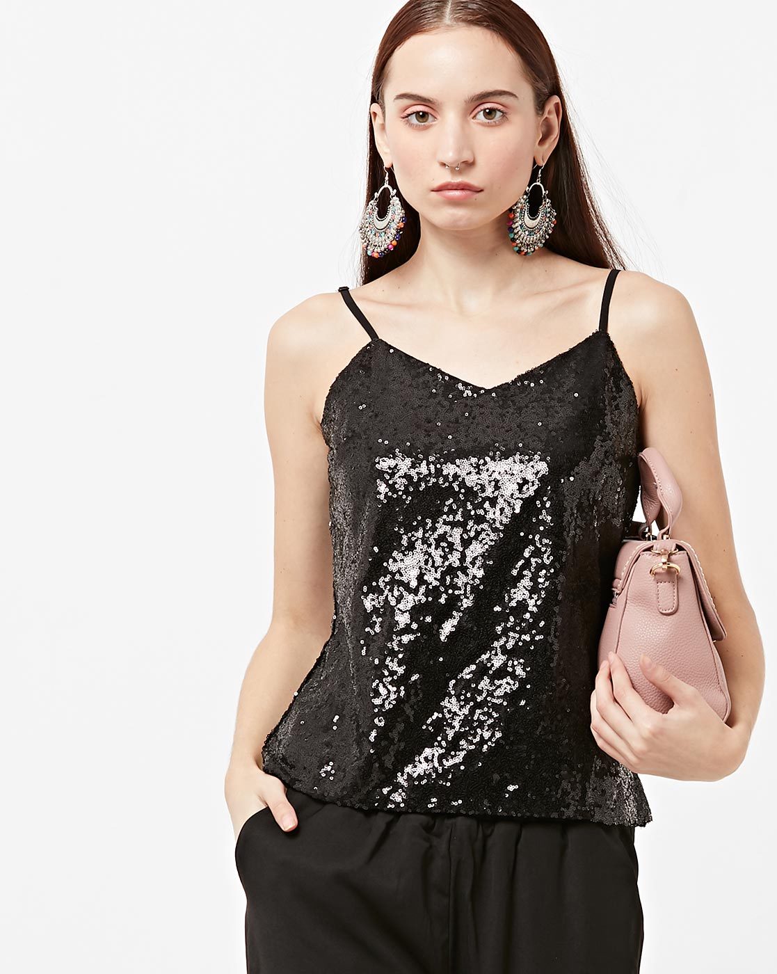 black sequin strappy top