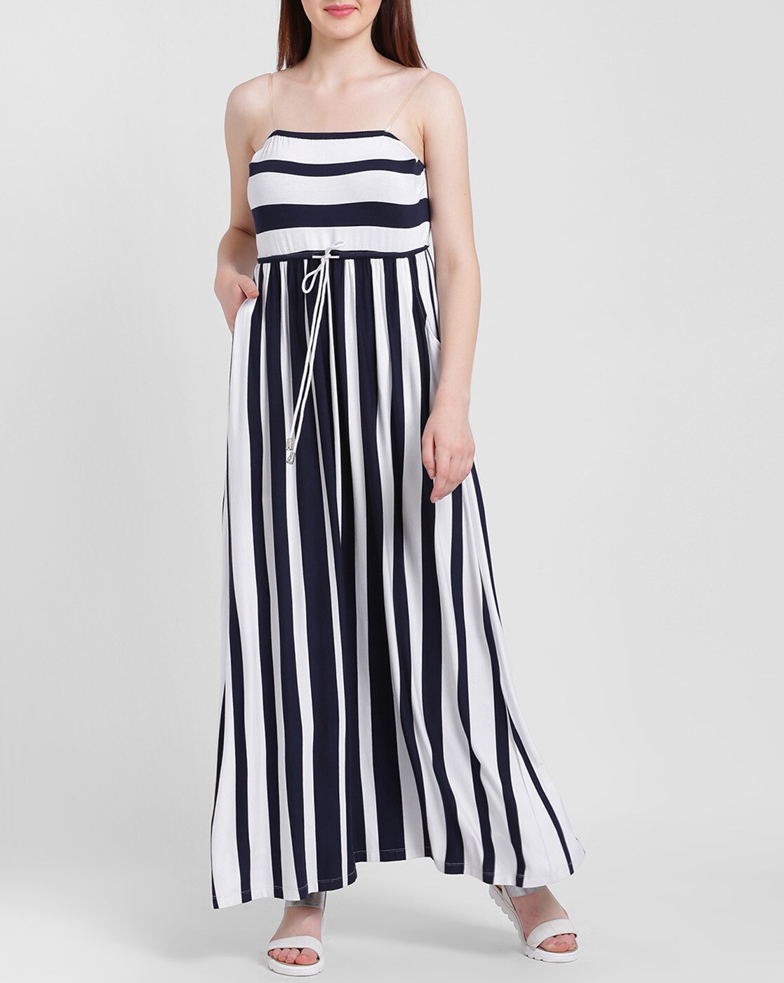 Navy and white striped strapless dress