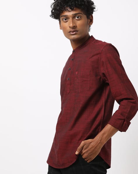 maroon mandarin collar shirt