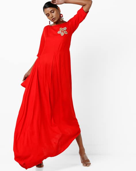 Asymmetrical Maxi Dress With Embellishments By INDDUS ( Red )