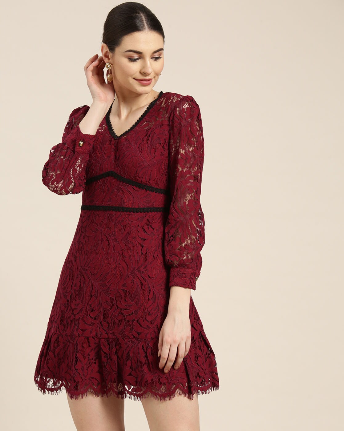 burgundy lace skater dress