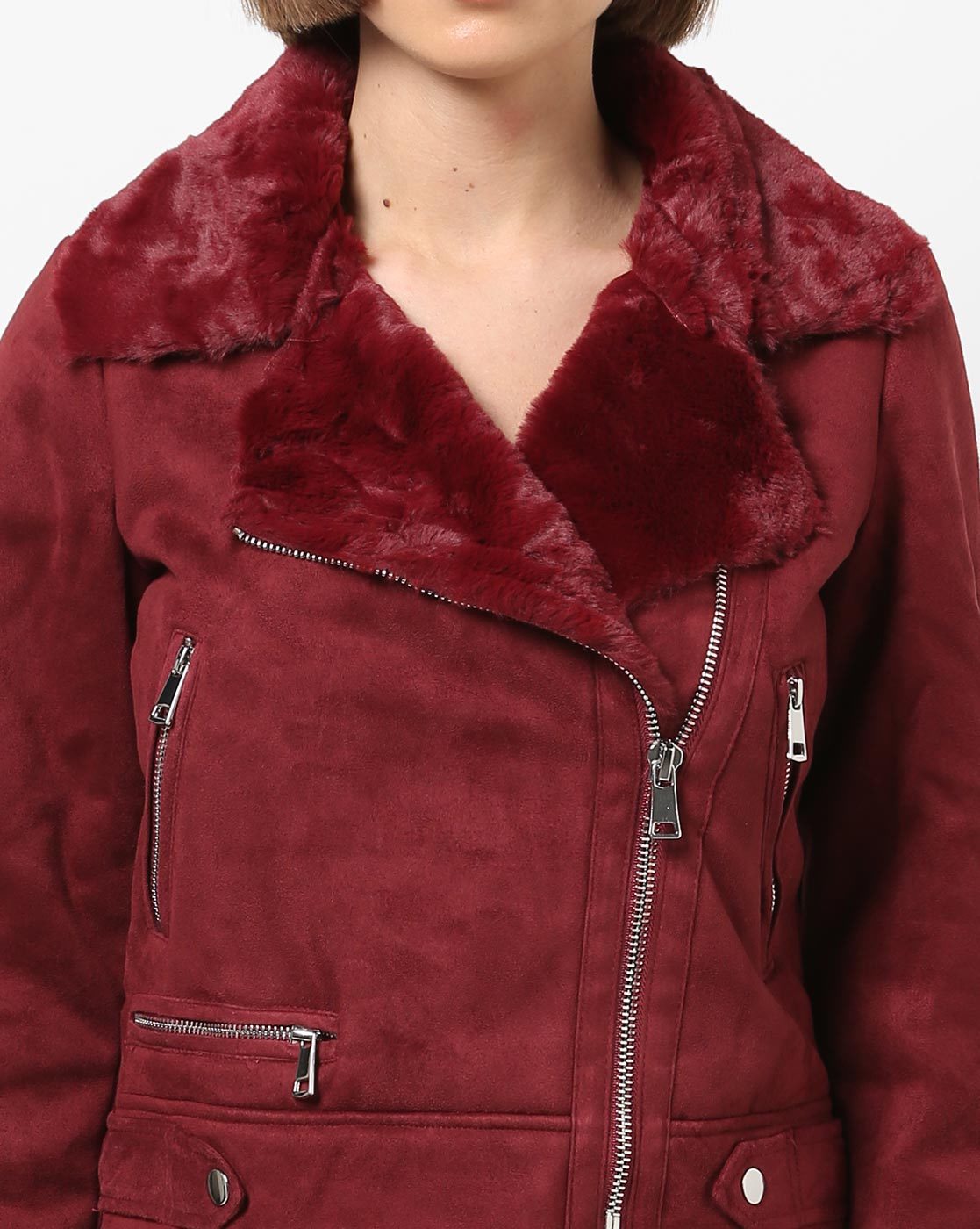 suede biker jacket burgundy