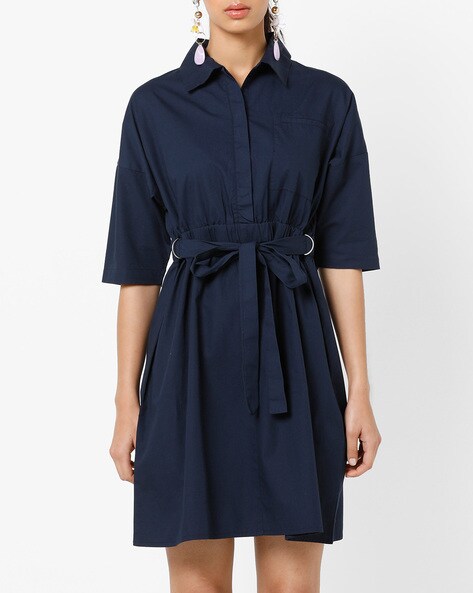 Navy blue shirt 2024 dress with belt