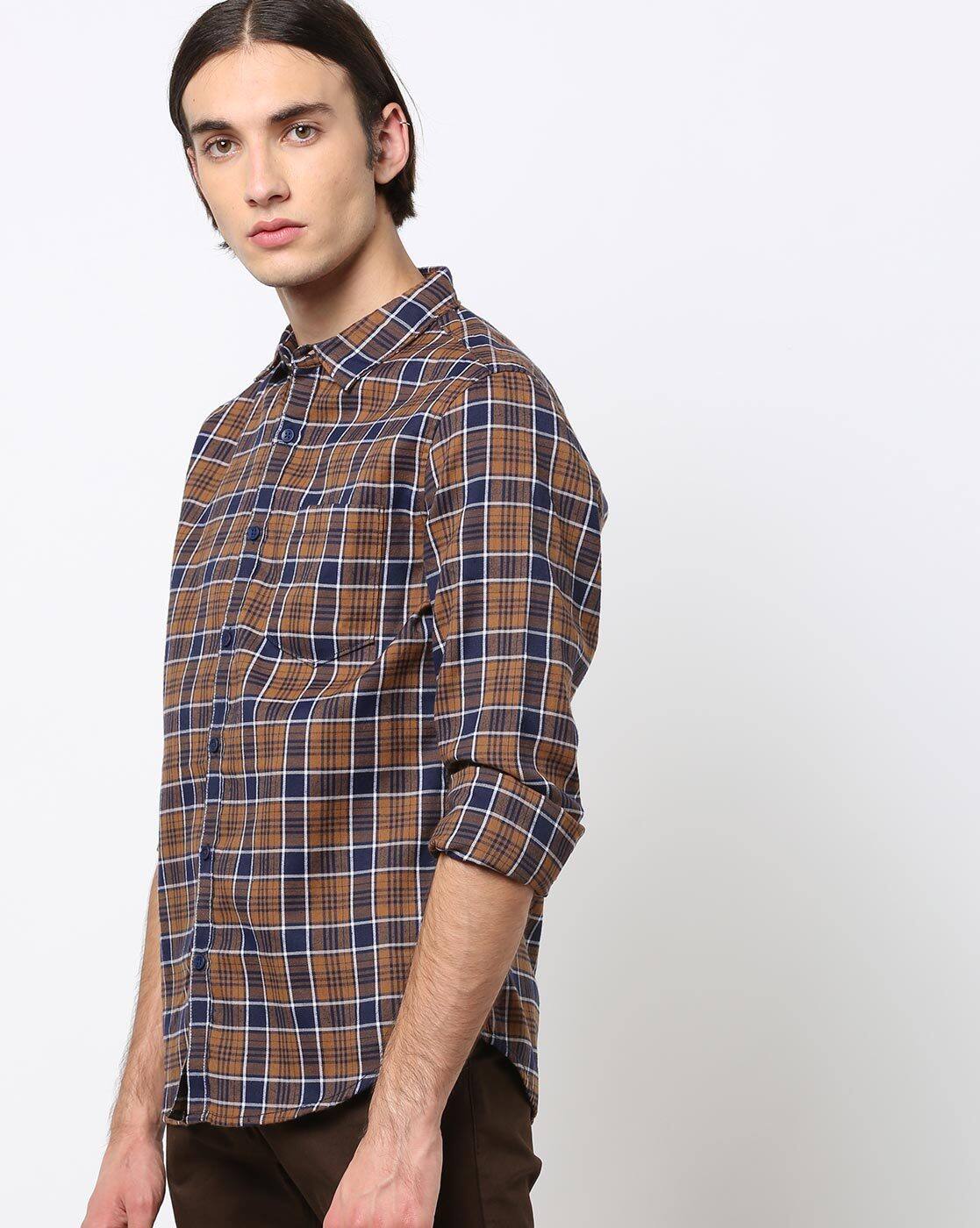 checked slim fit shirt with patch pocket