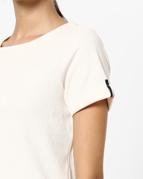 Ribbed Crew-Neck Top with Roll-Tab Sleeves (Image - 1)