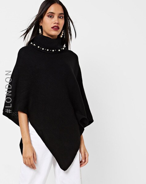 Textured High Neck Poncho Sweater