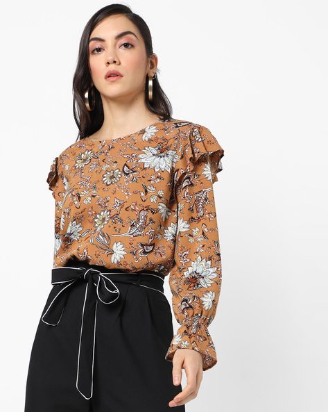 Floral Print Top with Ruffled Panels
