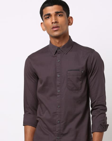 Textured Spread-Collar Shirt with Patch Pocket (Image - 2)