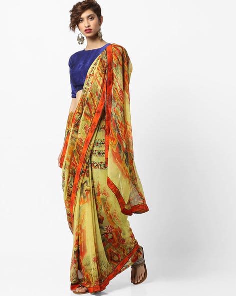 Geometric Print Chiffon Saree With Contrast Border By Florence ( Yellow )