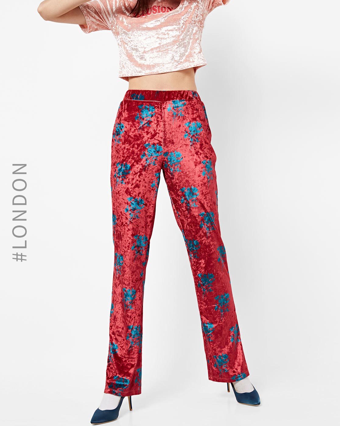 Buy Women Maroon Floral Velvet Bell Bottom Pants Online at Sassafras