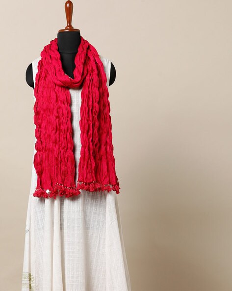 Cotton Mull Plain Crinkle Dupatta with Tassels Price in India