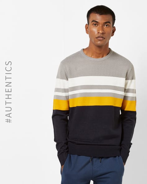 Colourblock Crew-Neck Pullover With Striped Yoke By SOULSTAR ( Navy )
