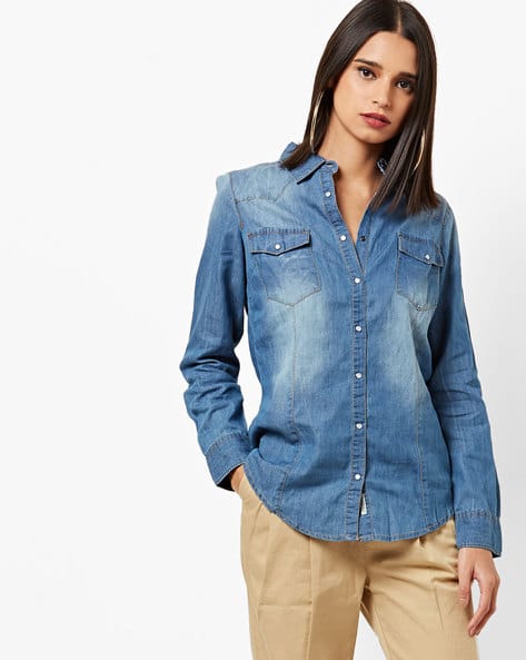 Faded Denim Shirt with Flap-Button Pockets