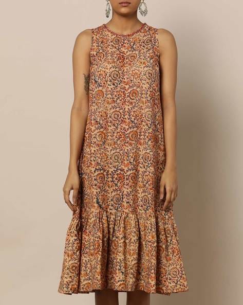 Handblock Print Kalamkari Sleeveless Cotton Dress