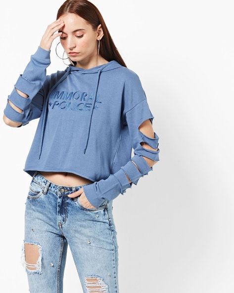 drop shoulder cut out crop hoodie