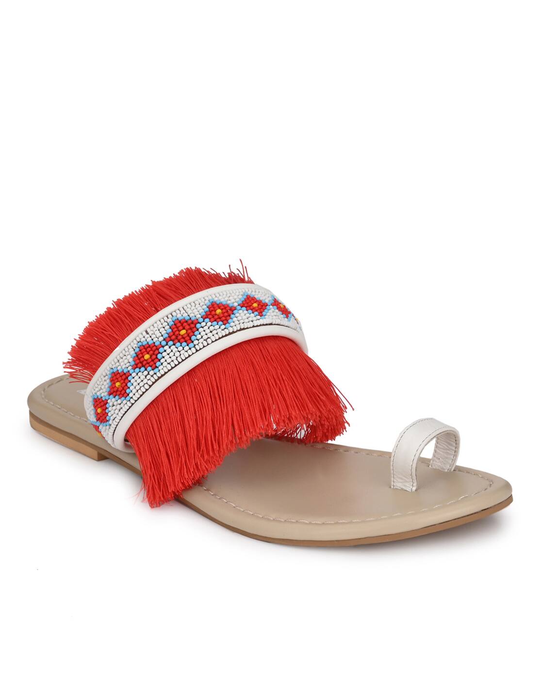 red fringe flat sandals