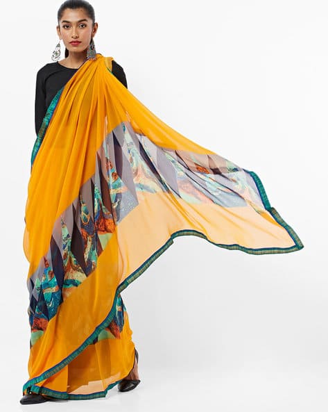 Printed Chiffon Saree With Contrast Border By Florence ( Yellow )