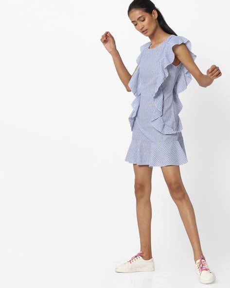 blue and white striped shift dress