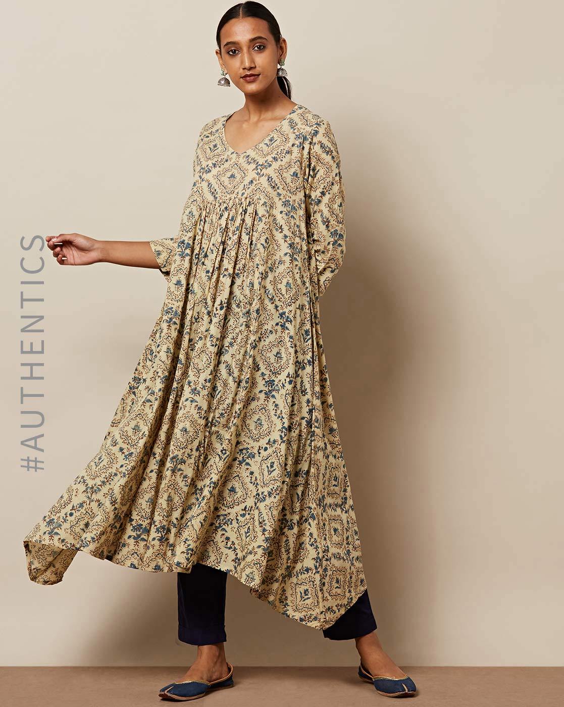 Green ajrak print a-line kurta set with detail insert in yellow with s –  Fabnest
