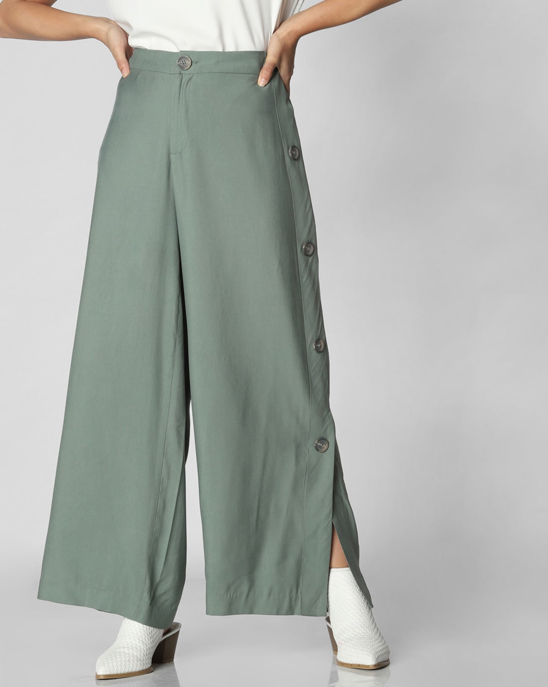 Oasis wide leg trousers with button side in yellow  ASOS