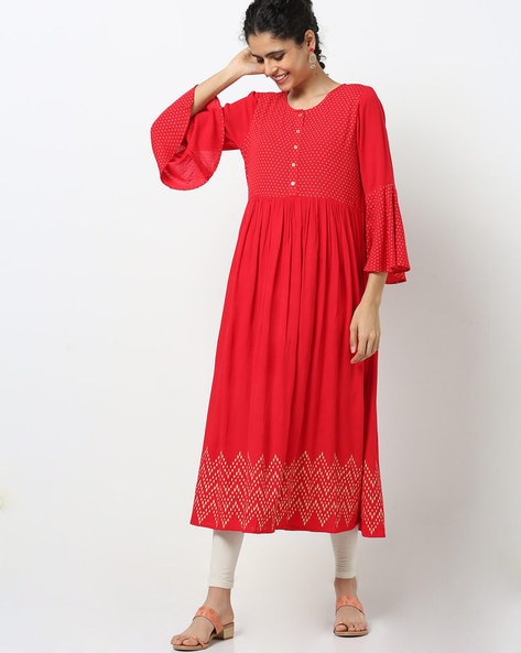 Printed Flared Kurta with Bell Sleeves