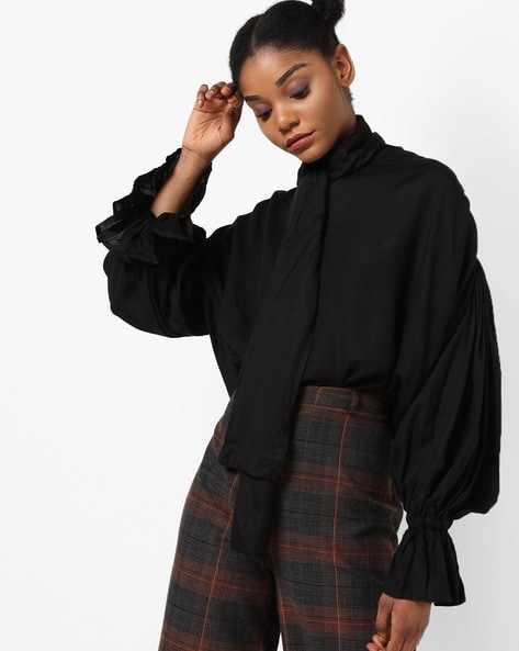 High-Neck Boxy Top with Oversized Frilled Sleeves